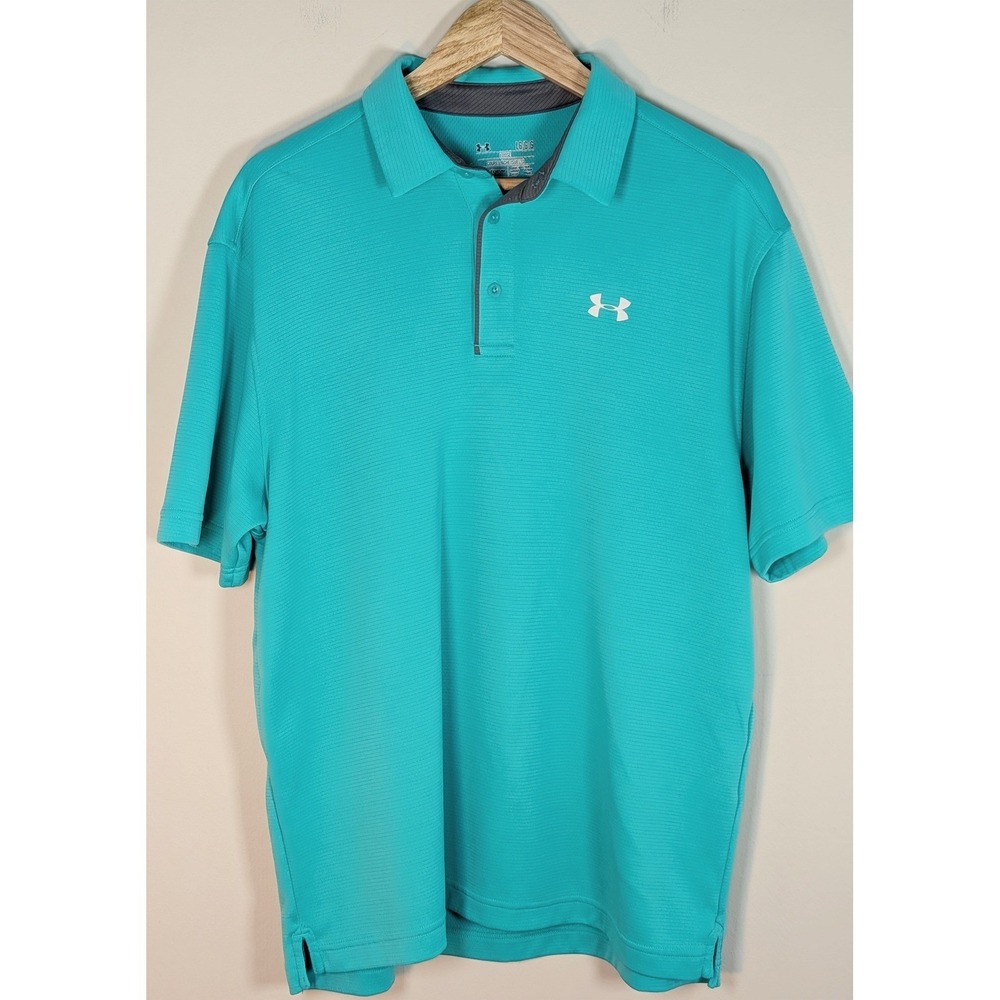 Under Armour HeatGear Men Large Aqua Green Loose Fit Performance Golf Polo Shirt